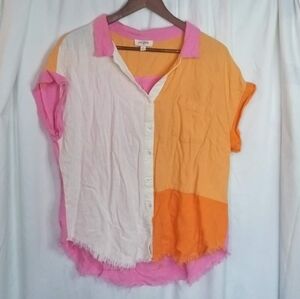 Umgee Large Linen Blend Colorblock Button-Up Shirt Pink Cream Orange Raw Hem